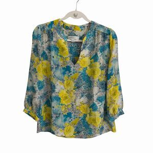 Amour‎ Vert Blouse Top Womens Medium Blue Yellow Floral Silk Made USA V-Neck